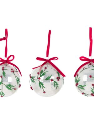 bolas para el árbol en color blanco con detalles verdes y brillantes rojos de la colección Purcell de blanc mariclo - blanc barcelona Blanc Mariclo - Bolas decorativas con lazo - PURCELL