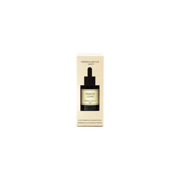 caja del aceite esencial de 30ml fragancia french linen de cereria molla en blanc barcelona Cereria Mollá - Aceite esencial hidrosoluble - FRENCH LINEN